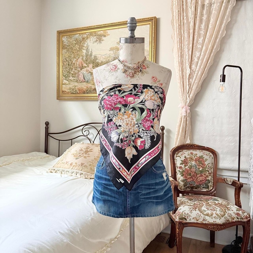 Vintage black floral scarf with pink tulip print oversized statement scarf